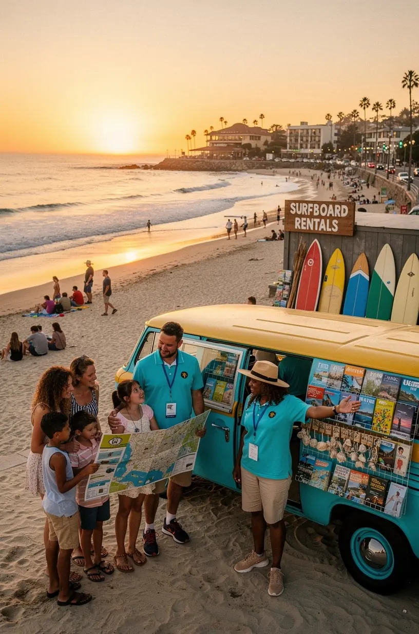 Передвижной туристический офис в США, где посетители могут получить советы и купить билеты на экскурсии в популярных местах.