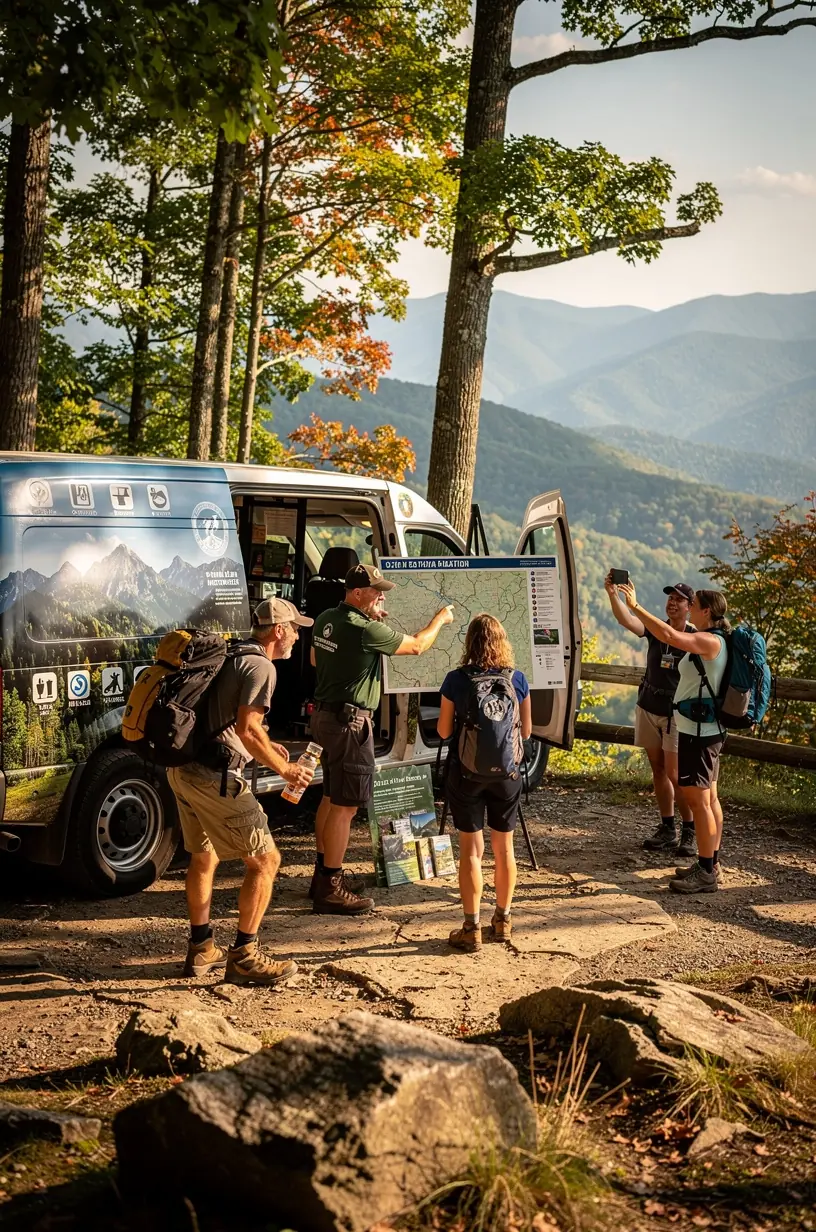 Передвижной центр обслуживания туристов в США, припаркованный у популярной достопримечательности, предлагающий экскурсии и билеты.